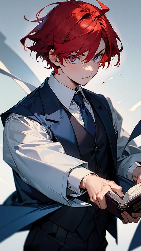 Boy wearing a suit vest in navy blue tones, red hair color, silver eye color, in his hand he holds an open book from which light comes out.