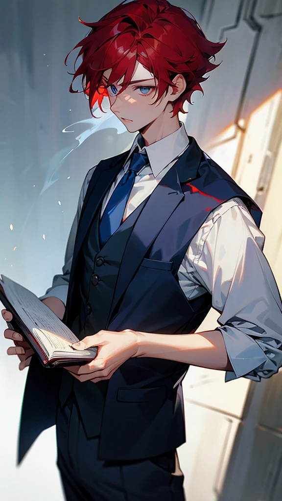 Boy wearing a suit vest in navy blue tones, red hair color, silver eye color, in his hand he holds an open book from which light comes out.