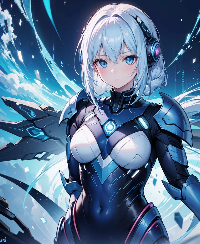 8K, Highest quality, (real:1.4), Original photo, 1 girl, Asari Hair, Biological Amplifier, refined armor, posture: Peace talks between warring factions, smart blue eyes,whole body