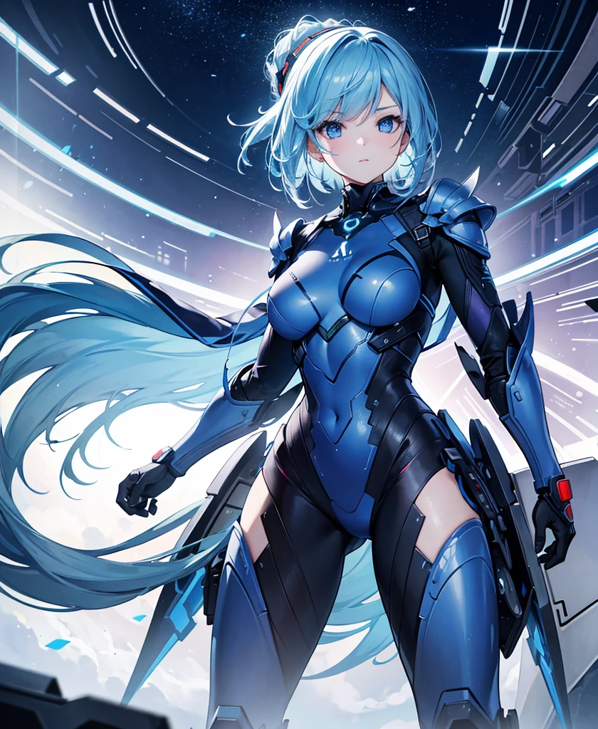 8K, Highest quality, (real:1.4), Original photo, 1 girl, Asari Hair, Biological Amplifier, refined armor, posture: Peace talks between warring factions, smart blue eyes,whole body