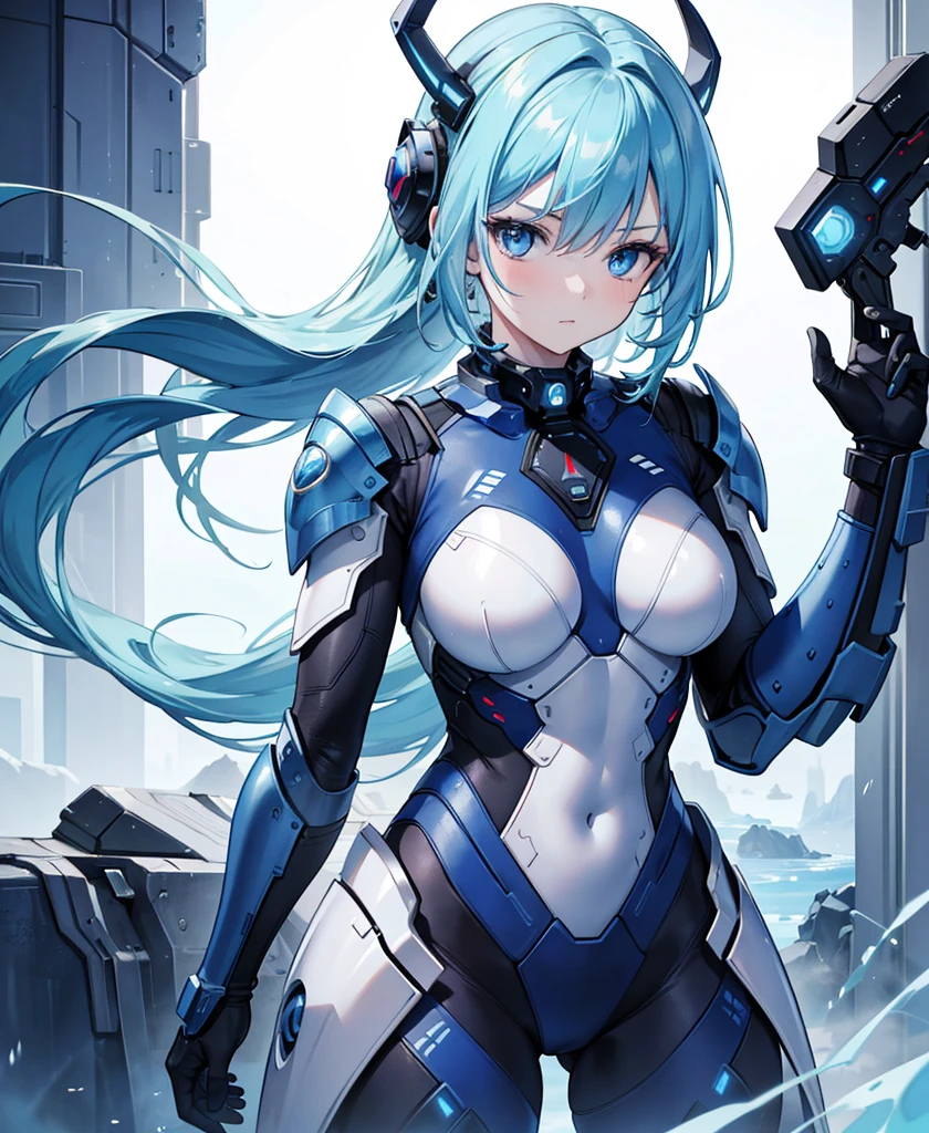 8K, Highest quality, (real:1.4), Original photo, 1 girl, Asari Hair, Biological Amplifier, refined armor, posture: Peace talks between warring factions, smart blue eyes,whole body