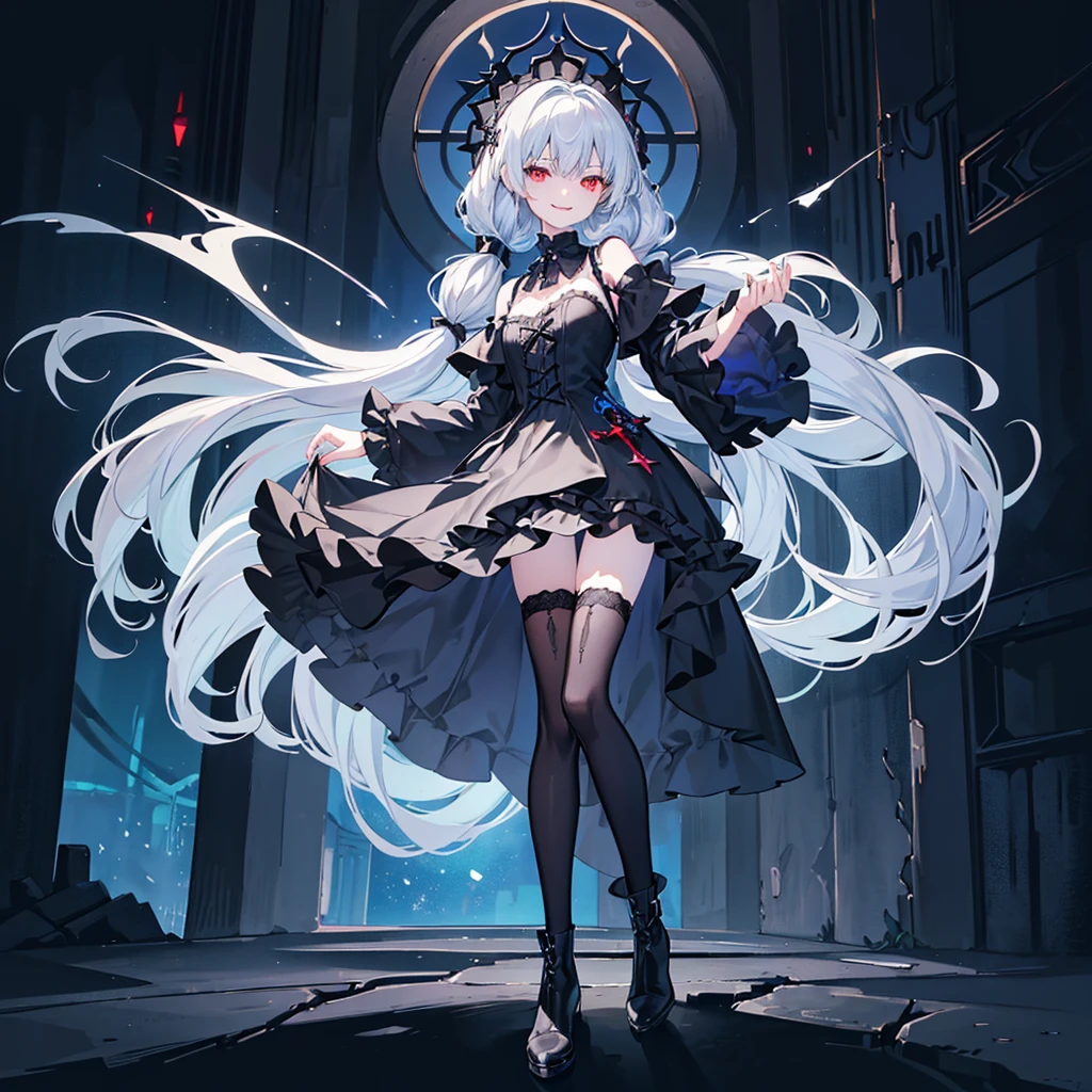 [(church background:1.4)::5],Original,(Illustration:1.1),(Best Quality),(masutepiece:1.1),(the Extremely Detailed CG Unity 8K Wallpapers:1.1), (Colorful:0.9),(mid-shot:0.95),(Full body:1.5),Dynamic Angle,(Solo:1.2), (girl),((Adult)), (Detailed beautiful eyes:1.15), (Beautiful face:1.15), (Glowing red eyes:1.25////),((dark blue long hair)),(Blunt bangs),(low twintails),(+perfect hand+:1.21),(Draw an illustration of a gothic girl),(Religious),(slender),(she has boots on her feet),((Wearing a black dress)),(Furious), Lace Off Shoulder Lolita Fashion,Beautiful slender woman,((Evil smile)),Dark blue short hair,Dark blue short hair,Laugh,