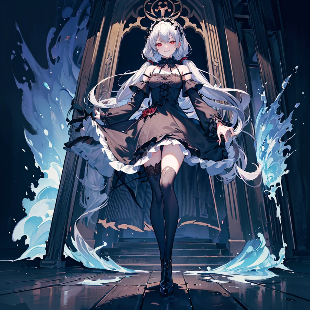 [(church background:1.4)::5],Original,(Illustration:1.1),(Best Quality),(masutepiece:1.1),(the Extremely Detailed CG Unity 8K Wallpapers:1.1), (Colorful:0.9),(mid-shot:0.95),(Full body:1.5),Dynamic Angle,(Solo:1.2), (girl),((Adult)), (Detailed beautiful eyes:1.15), (Beautiful face:1.15), (Glowing red eyes:1.25////),((dark blue long hair)),(Blunt bangs),(low twintails),(+perfect hand+:1.21),(Draw an illustration of a gothic girl),(Religious),(slender),(she has boots on her feet),((Wearing a black dress)),(Furious), Lace Off Shoulder Lolita Fashion,Beautiful slender woman,((Evil smile)),Dark blue short hair,Dark blue short hair,Laugh,
