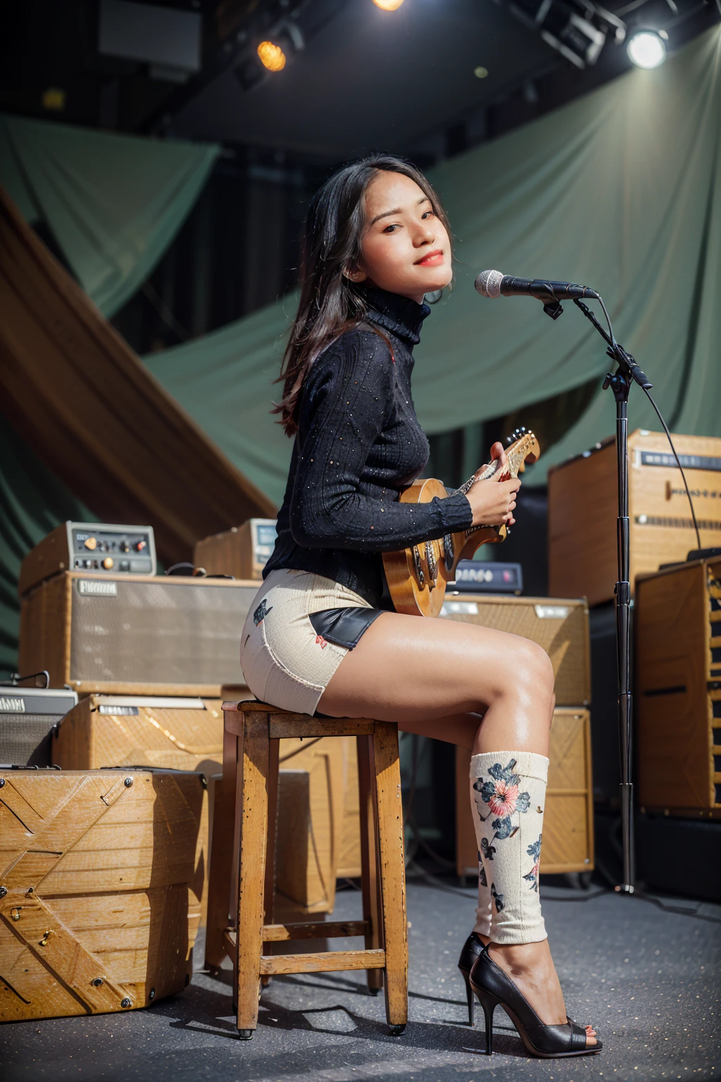 masterpiece, best quality, ultra detailed, high resolution, 1 girl, ((pretty lady MoonLay)), Burmese girl, ((pretty lady MoonLay's seductive sweet face with sweet smile:1.2)), ((playing guitar:1.5)), ((singing with confident)), ((electric guitar)), ((stage background:1.5)), golden hour setting, 8k, (((black sweater turtleneck tight blouse))), ((middle thigh length black mini skintight skirt with white flower printed pattern:)), (stylishly sitting on stylish stage stool), (((crossing legs:1.1))), (stiletto high heel), ((full body tilted side view:1.5)), ((blur background with star shaped bokeh effect to highlight portrait better)), (vibrant HDR lighting),