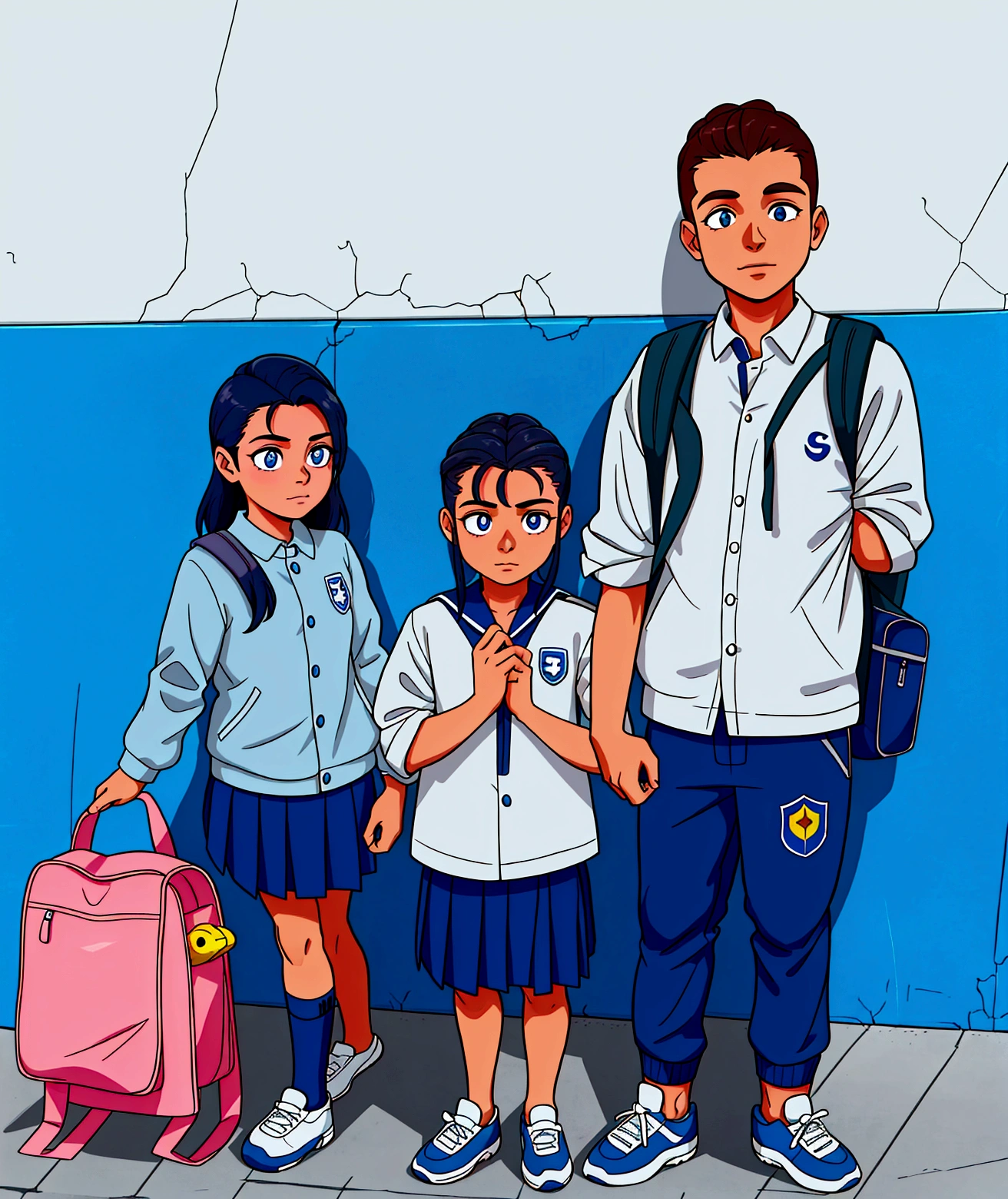 three children next to a wall with a backpack and a backpack, small, sharp pupils, dressing a school soccer uniform, uniform blue, powder Nándor Katona, edon guraziu, quito school, dollar sign students, edu souza, by Verónica Ruiz de Velasco, center of picture, caio santos, dressing 