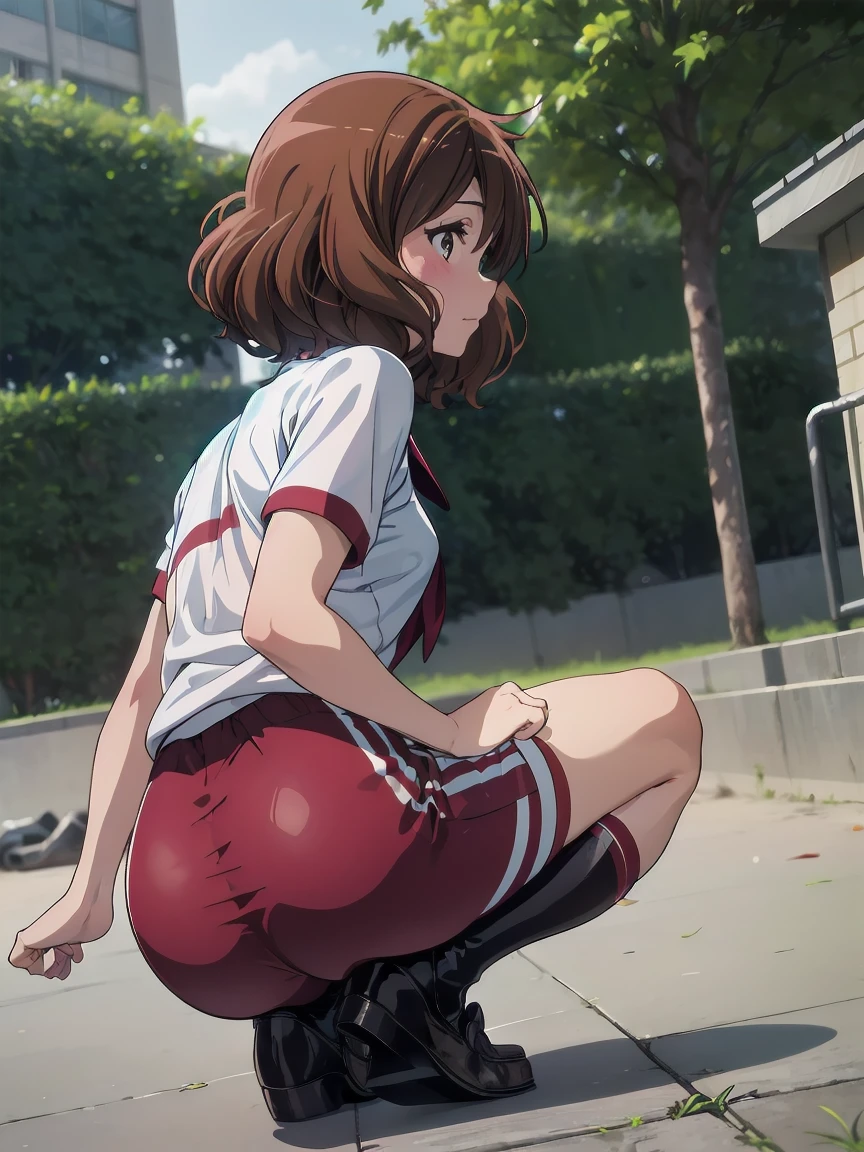 (Realistic, photo Realistic:1.2), ((Highest quality)), Shift the center of gravity backwards, Quite embarrassing, You_Kumiko_Sound Euphonium, brown_hair, short_hair, brown_eye, blush, Seraphim, 前hair, Bloomers, Gym suit, sports boots, (Sit on the ground:1.4), Place your heels on the ground, (Spread your legs:1.2), Squat with your knees raised, Attach your butt to the ground, black penny loafers, Beautiful facial details, Real human skin, Gentle expression, Front view, angle From below, Realistic, photoRealistic, Squatting in the schoolyard, whole body, (Looking at the audience:1.2), from before, From below,