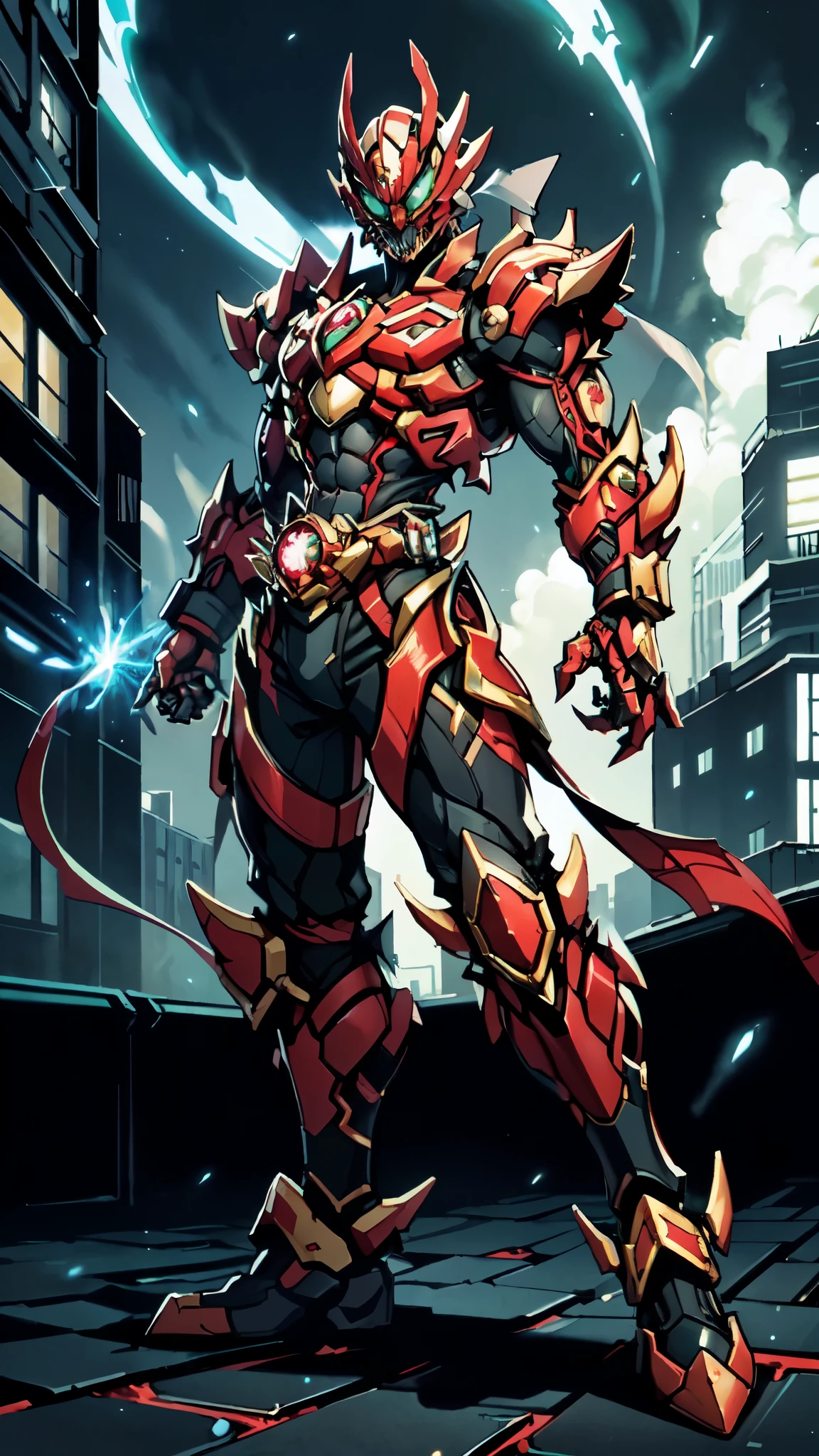 (masterpiece:1.5, best quality:1.5, extremely delicate:1.5, perspective:1.5, foreshortening:1.5, dynamic angle:1.5), a man wearing a full-face helmet, a fantasy-style biotech armored combat suit, green eyes, (a composite layered chest armor), fully enclosed shoulder guards, matching arm and leg guards, the belt is adorned with fangs biting into orbs, (the color scheme is primarily black with red accents), the design balances heavy with agility, a high-tech bio-mecha armor, (Armor Concept Inspired by Bat, stand on the top of a skyscraper in a futuristic sci-fi city), this character embodies a finely crafted fantasy-surreal style armored hero in anime style, exquisite and mature manga art style, (element, plasma, energy, the armor glows), ((male:1.5)), metallic, high definition, highres, ultra-detailed, ultra-fine painting, professional, perfect body proportions, golden ratio, anatomically correct, symmetrical face, extremely detailed eyes and face, high quality eyes, creativity, RAW photo, UHD, 32k, Natural light, cinematic lighting, masterpiece-anatomy-perfect