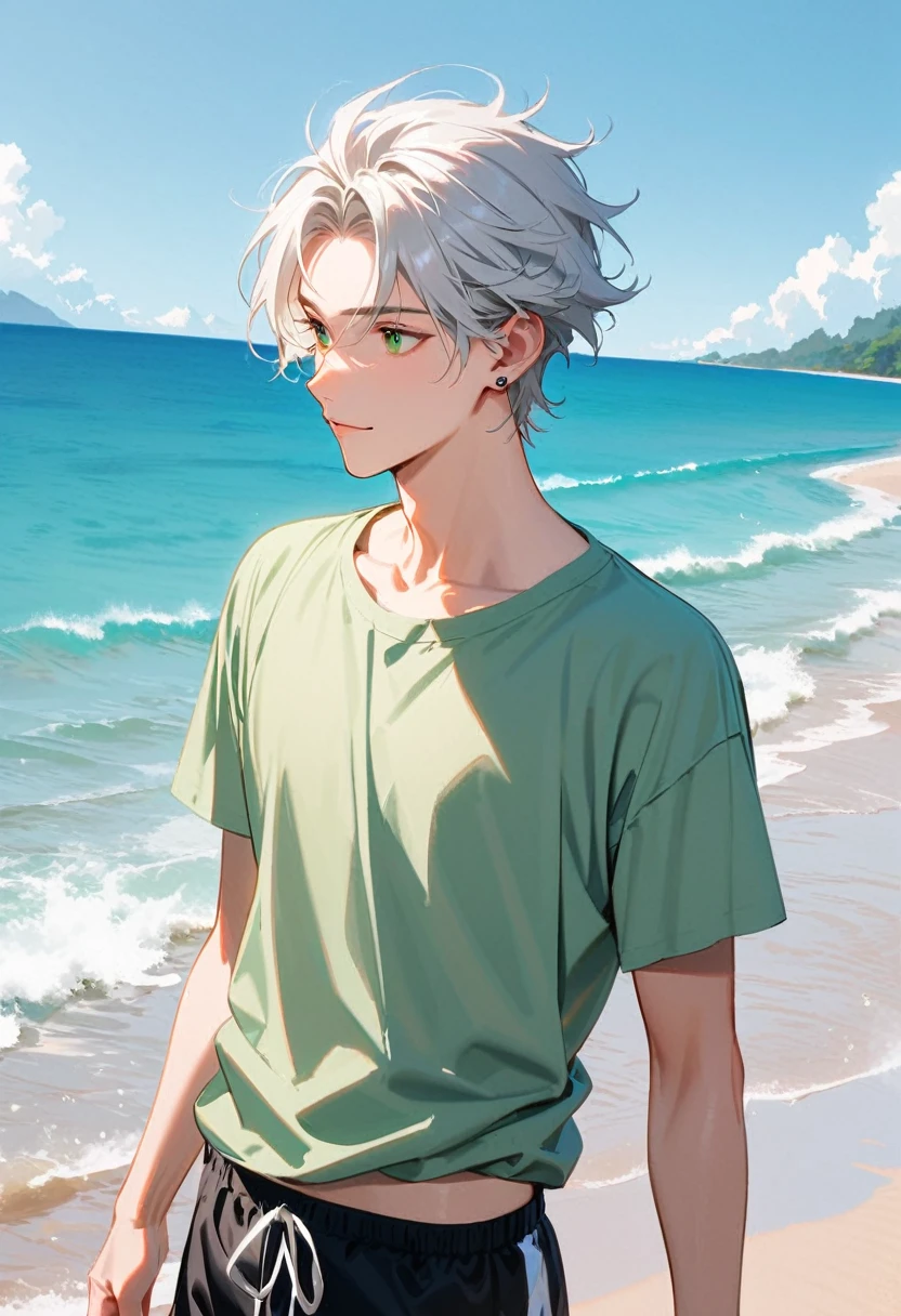 A young man, 19-years-old, solo, Caucasian, masculine face, short tousled white hair, green eyes, warm smile, light pale green t-shirt, short sleeves, black swimming trunks, small silver earrings, beach, standing in the water, looking off into the distance