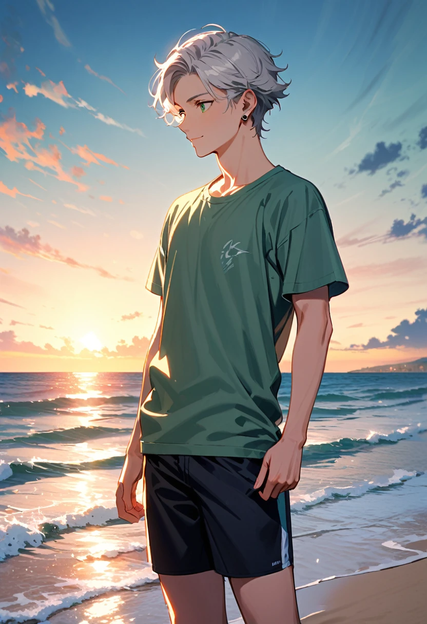 A young man, 19-years-old, solo, Caucasian, masculine face, short tousled white hair, green eyes, warm smile, light pale green t-shirt, short sleeves, black swimming trunks, small silver earrings, beach, standing in the water, looking off into the distance