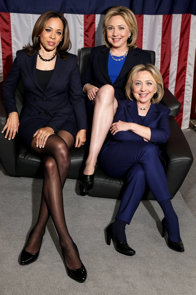 kamala harris and hillary clinton both in shiny black pantyhose, crossing their legs