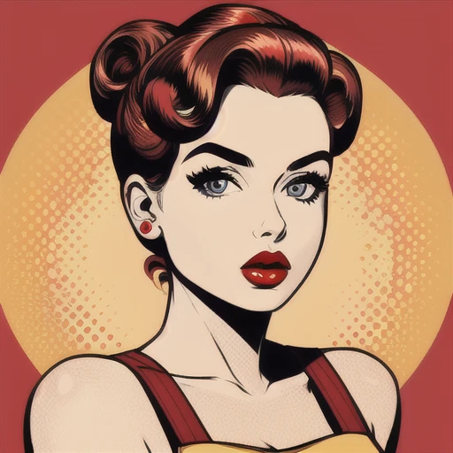 pop art,1girl, solo, upper body, ginger hair, red lips, looking at viewer, victory rolls