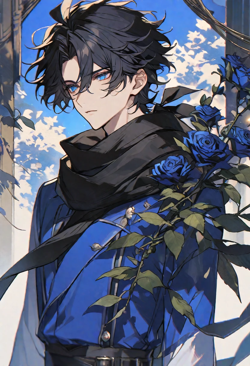 Solo, male, black hair, blue eyes, blue dress, black scarf, black roses