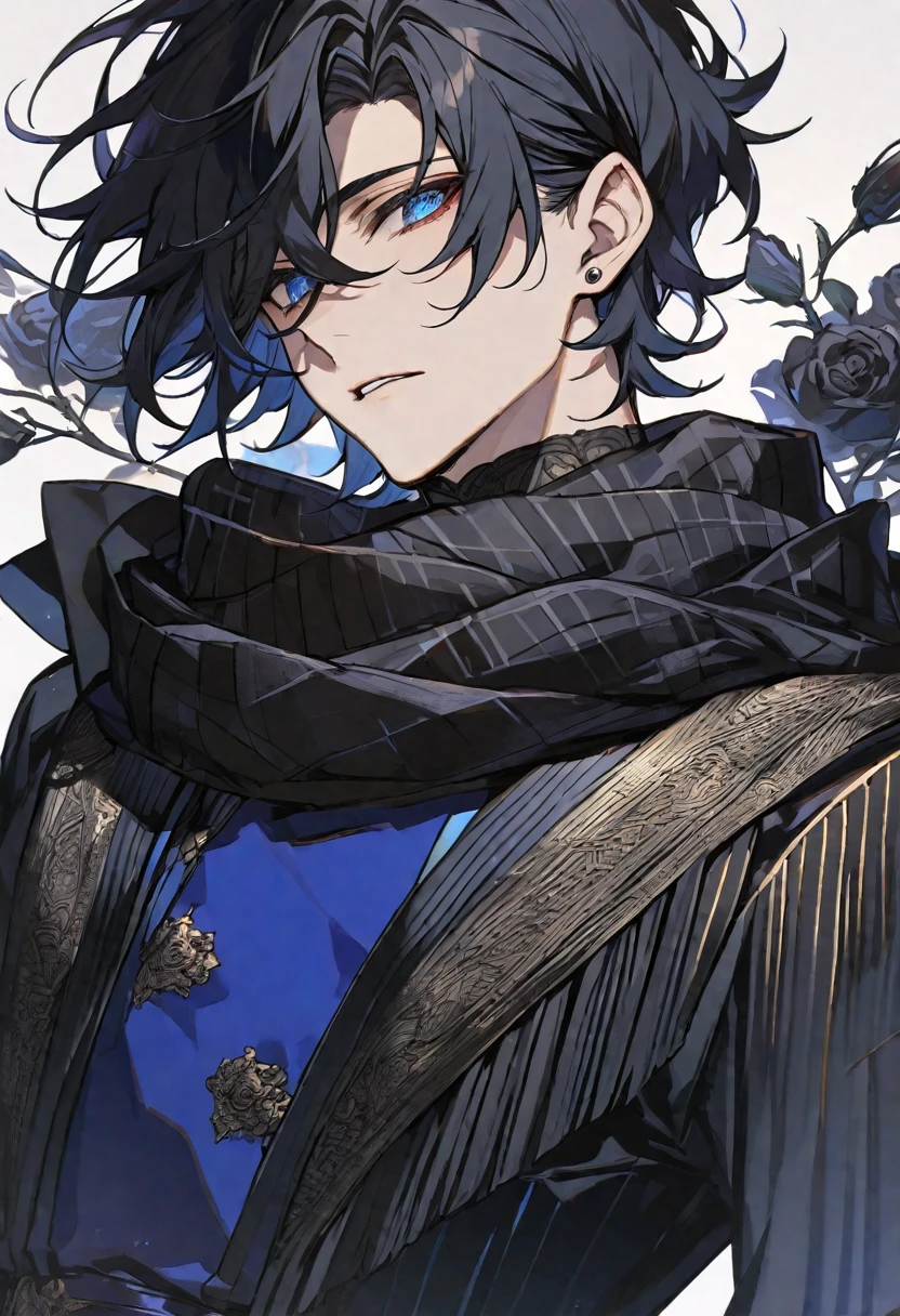 Solo, male, black hair, blue eyes, blue dress, black scarf, black roses