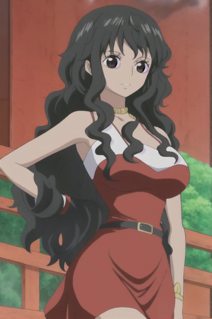 Mayza Hasaua, a girl with black and curly hair, dark skin, black eyes, wearing a red dress, anime version of the oni piece 