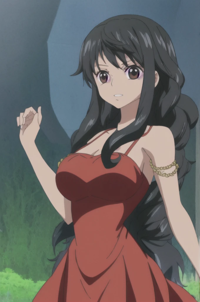 Mayza Hasaua, a girl with black and curly hair, dark skin, black eyes, wearing a red dress, anime version of the oni piece 