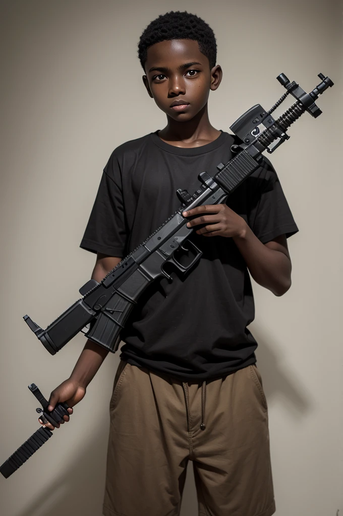 It depicts a dark-skinned boy holding an AK-47 in his hand