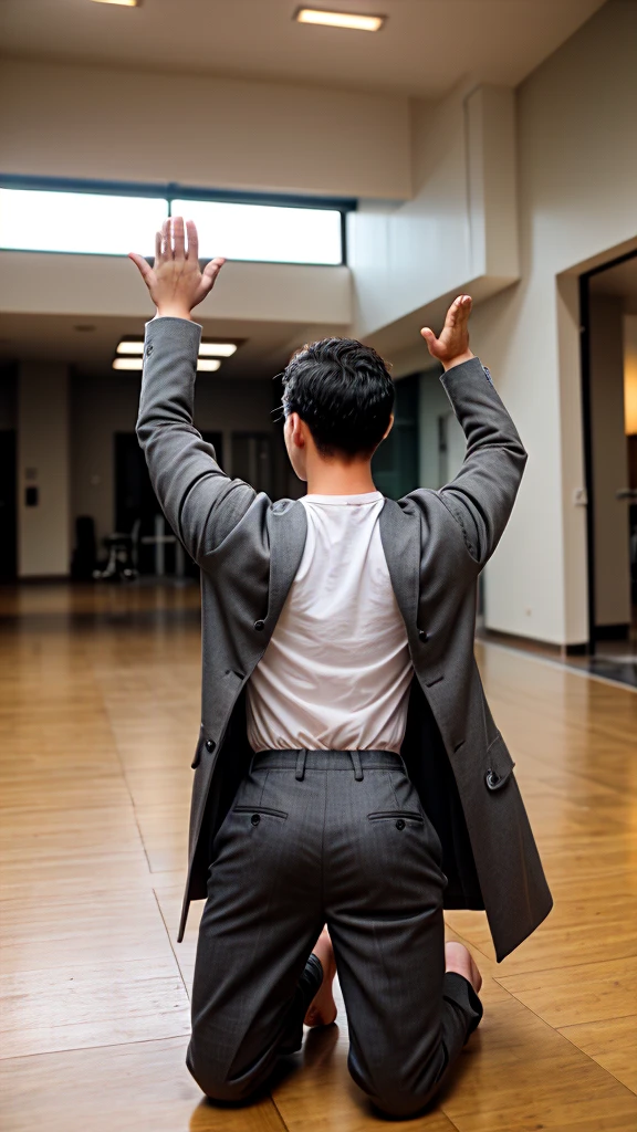 A boy age 30 with normal height and fit  kneeling down and praising god by raising hands in back pose in coat and pants on a rainy day