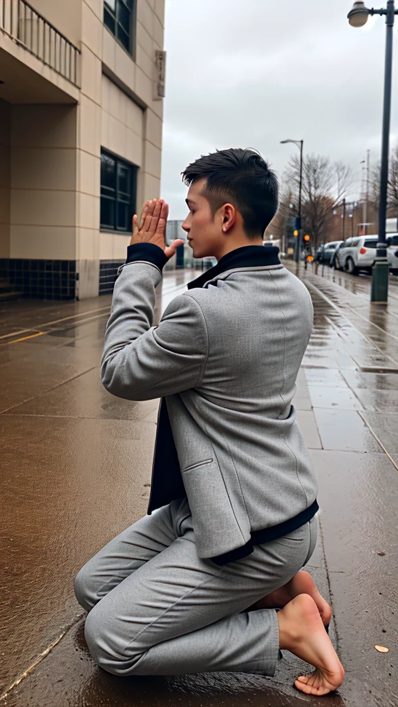 A boy age 30 with normal height and fit kneeling down and praising god by raising hands in back pose in coat and pants on a rainy day