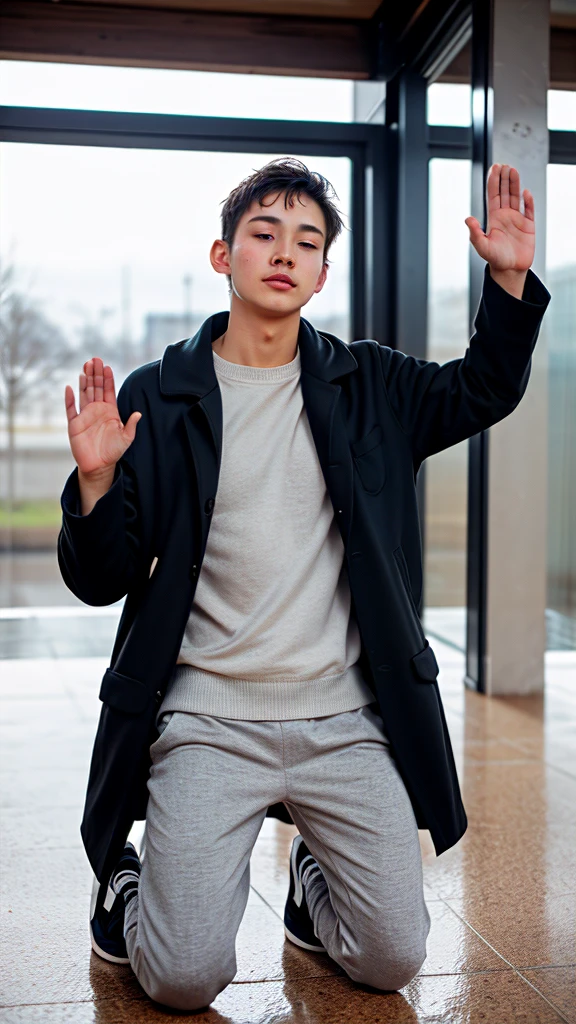 A boy age 30 with normal height and fit kneeling down and praising god by raising hands in back pose in coat and pants on a rainy day