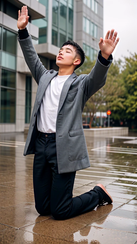 A boy age 30 with normal height and fit kneeling down and praising god by raising hands in back pose in coat and pants on a rainy day