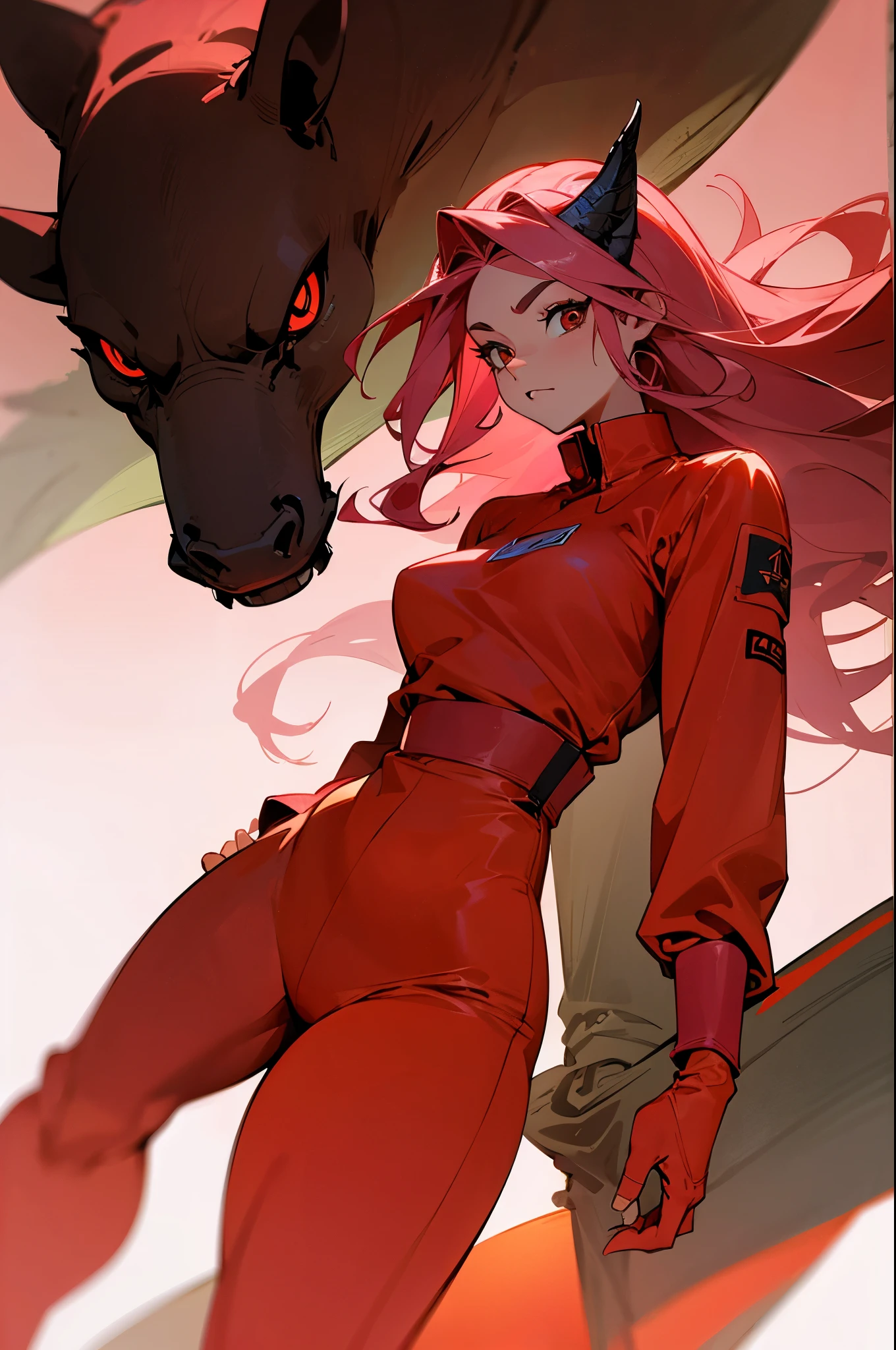 a brown woman, with long pink hair that goes down to her hips, she has a defined body, her eyes are red, her face is thin and defined, her mouth is full, she has the image of a dragon on her face. his right arm, his clothes are a jumpsuit with open sleeves and a V-shaped neckline, his height is 1.78.