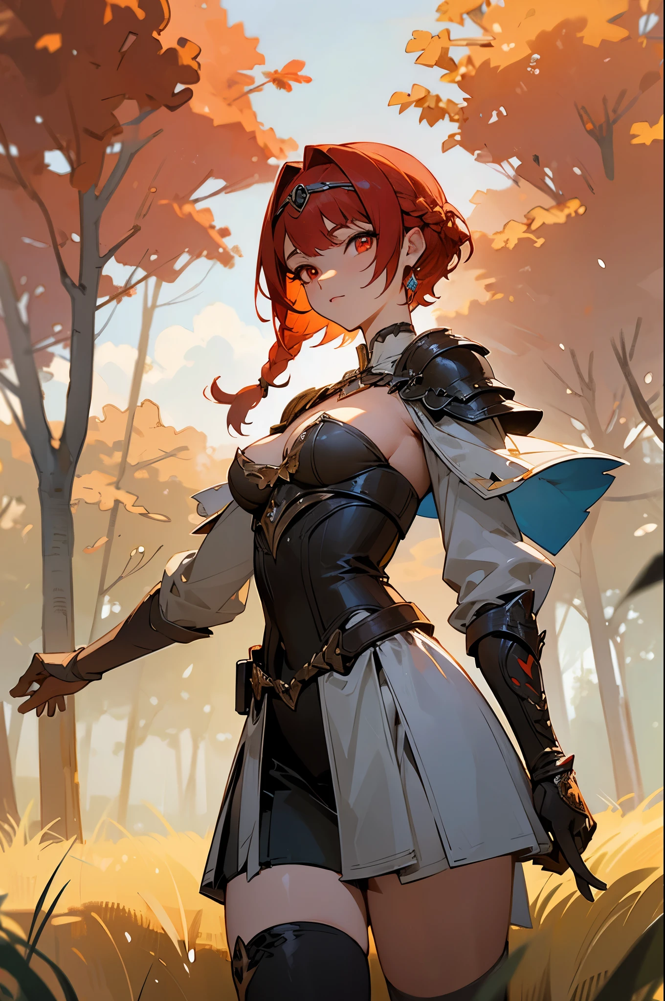 pinacolada, pina co lada, short hair, (red eyes:1.3), red hair, braid, single braid, braided ponytail, BREAK skirt, thighhighs, cleavage, jewelry, earrings, detached sleeves, cape, armor, cleavage cutout, circlet, BREAK outdoors, forest, nature, sun, sky, clouds, trees, grass, BREAK looking at viewer, (cowboy shot:1.5), BREAK (masterpiece:1.2), best quality, high resolution, unity 8k wallpaper, (illustration:0.8), (beautiful detailed eyes:1.6), extremely detailed face, perfect lighting, extremely detailed CG, (perfect hands, perfect anatomy),