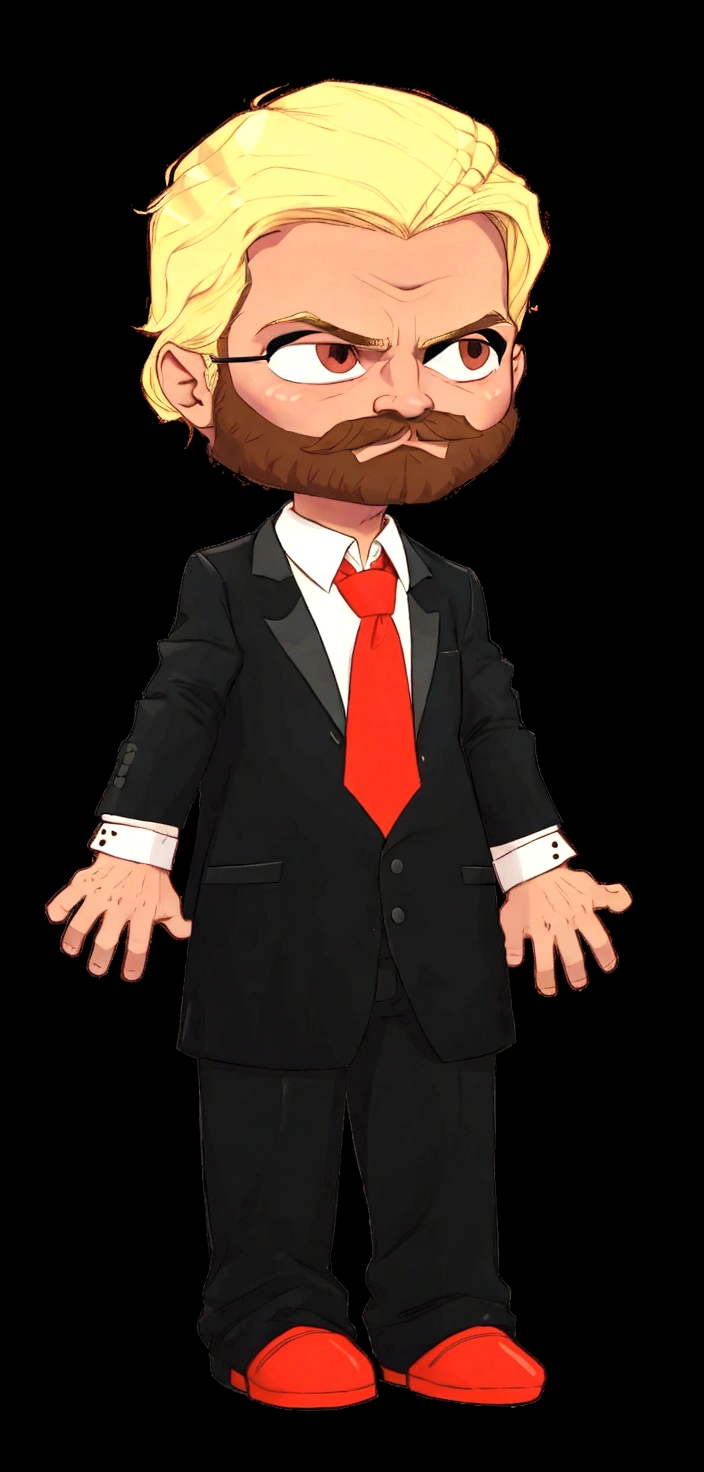 A man with blond hair and a brunette beard, wearing a black suit with a red tie (Renan souzones)