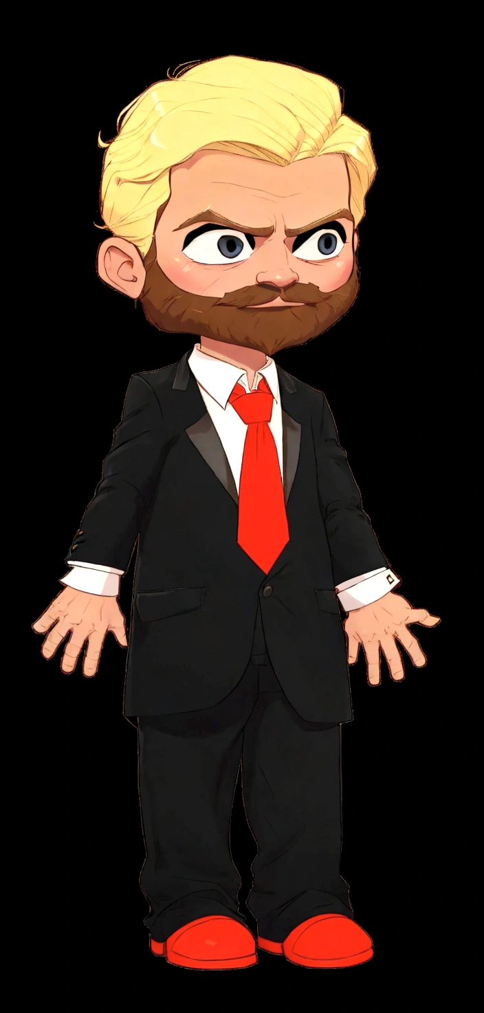 A man with blond hair and a brunette beard, wearing a black suit with a red tie (Renan souzones)