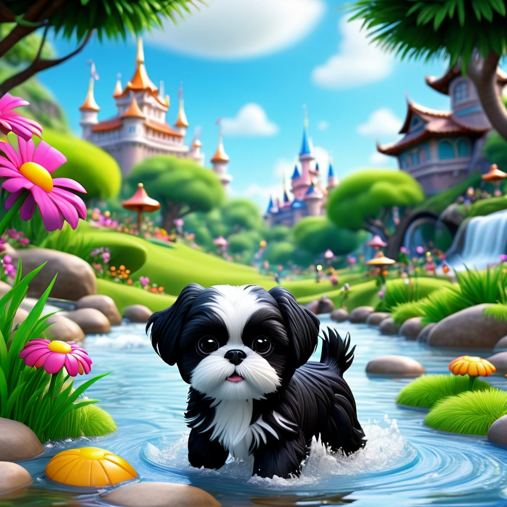 2 Adorable small black Shih Tzu puppies wearing bright sunglasses running in creek Disney background 3d cartoon 3d render disney pixar style