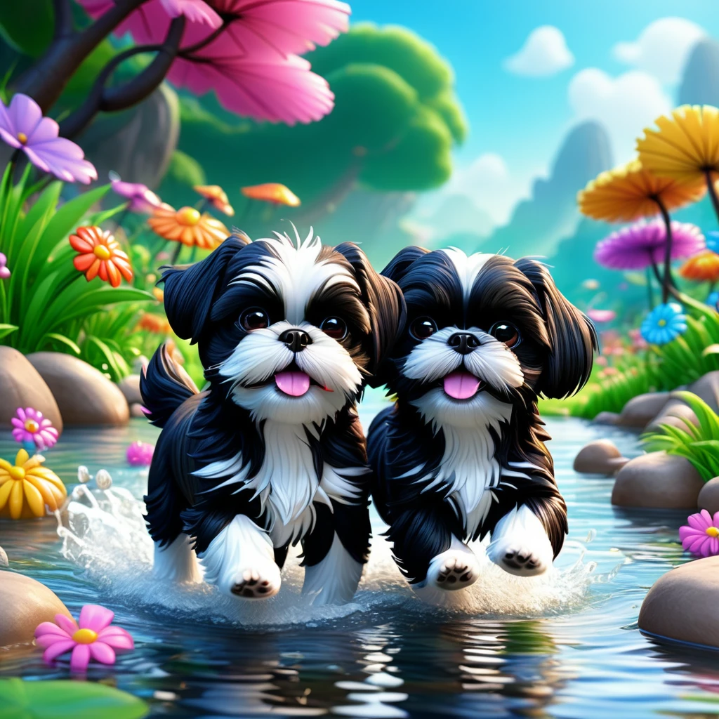 2 Adorable small black Shih Tzu puppies wearing bright sunglasses running in creek Disney background 3d cartoon 3d render disney pixar style