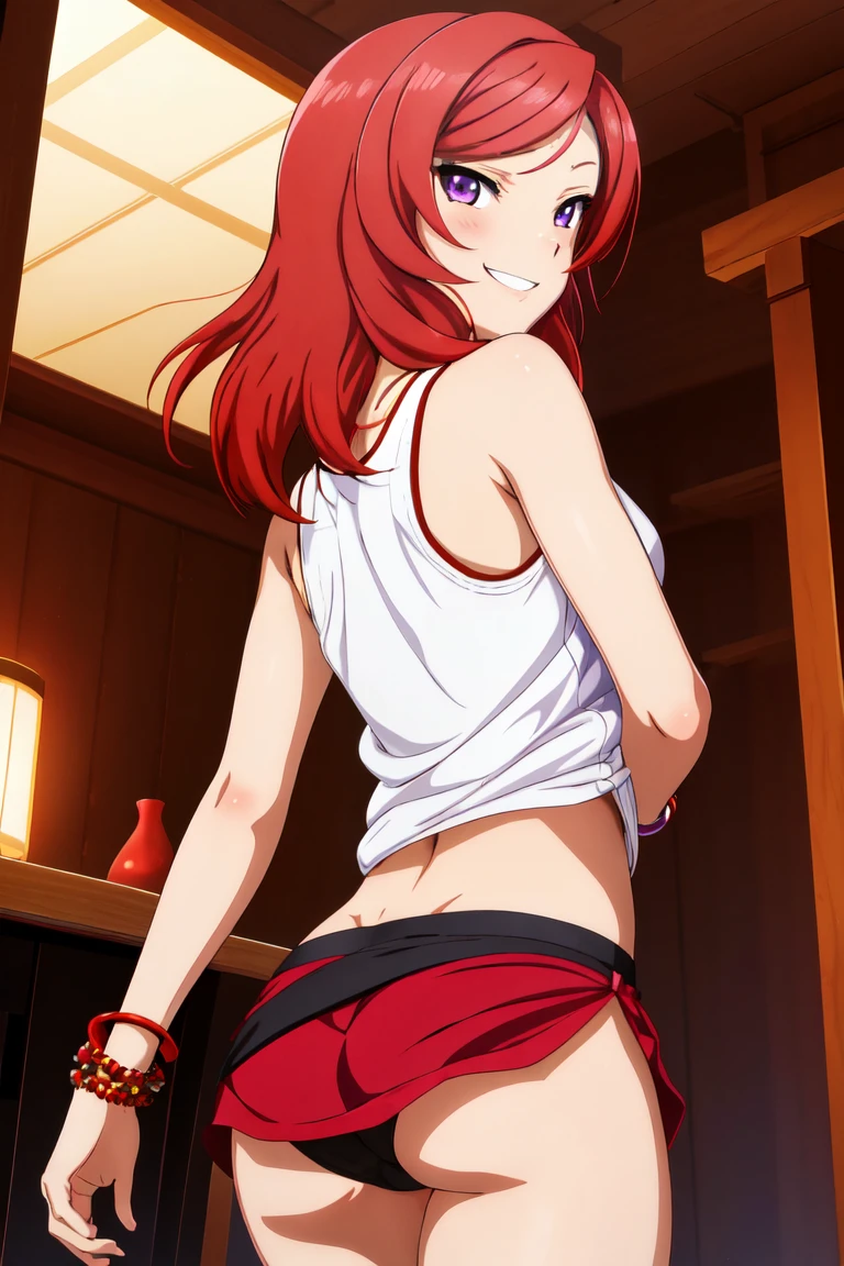 masterpiece, best quality, from behind, (bracelet:1.000), (nishikino maki), (red hair:0.987), (purple eyes:0.976),(solo:0.953), white tank top, panties , ass cheeks, standing , looking back , smile