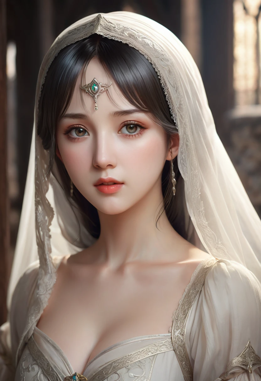 Sakimichan style, wlop style, portraite, well-detailed face, Beautiful woman, fleshy lips, opaque veil, medieval veil, handrail, 12th century, heterochromatic eyes, iridescent eyes, medieval clothes, bliaut, lord of the rings dress, nearing perfection, cute anime style, character overview, clean detailed face, bright shadows, nice gradients, Depth of field, Clean graphics, high qualiy, high détail, High definition, Luminous Studio graphics engine