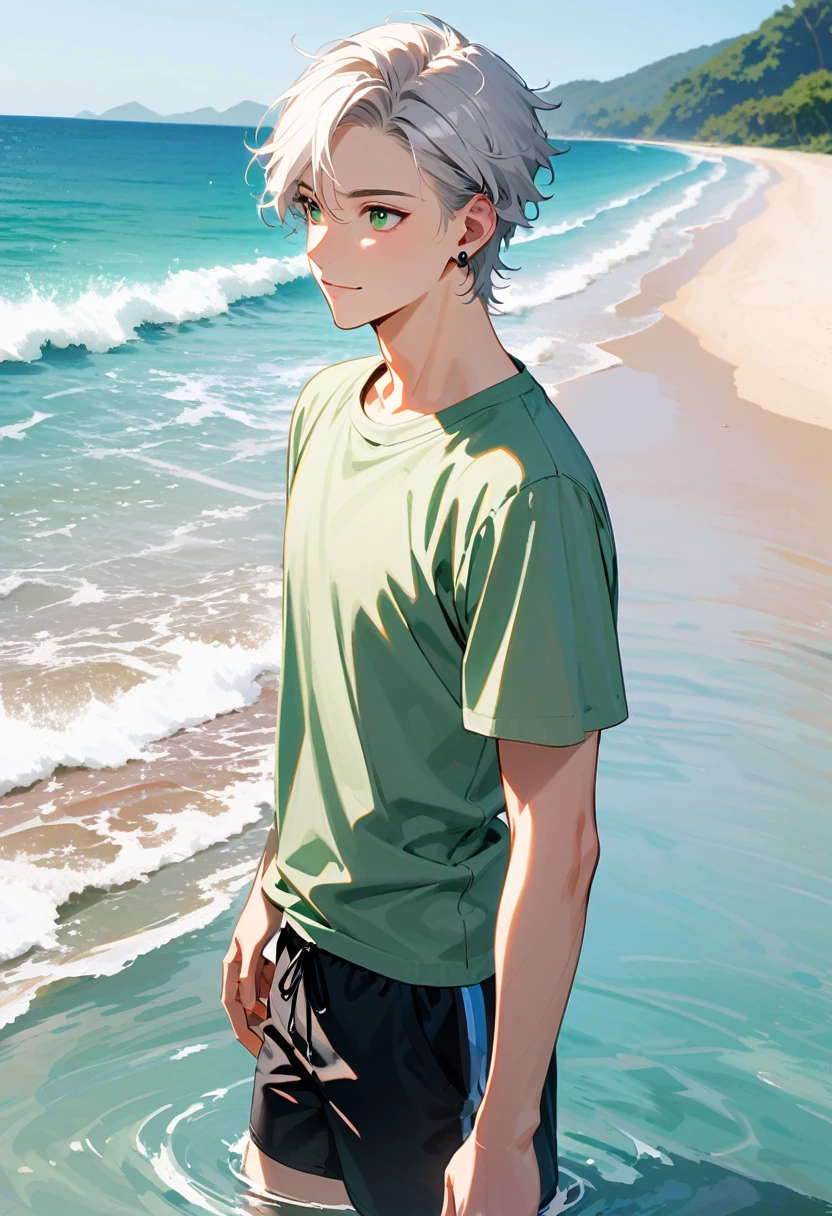 A young man, 19-years-old, solo, Caucasian, masculine face, short tousled white hair, green eyes, warm smile, light pale green t-shirt, short sleeves, black swimming trunks, small silver earrings, beach, standing in the water, looking off into the distance