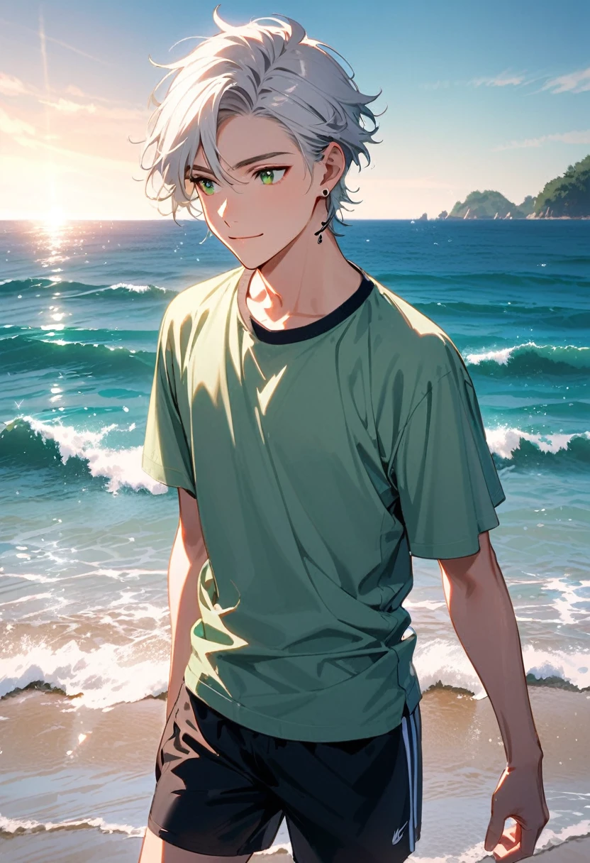A young man, 19-years-old, solo, Caucasian, masculine face, short tousled white hair, green eyes, warm smile, light pale green t-shirt, short sleeves, black swimming trunks, small silver earrings, beach, standing in the water, looking off into the distance