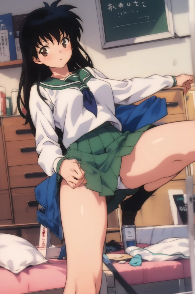 kagome, 1girl, school_uniform, skirt,(white panties),looking viewer,open legs,spread legs