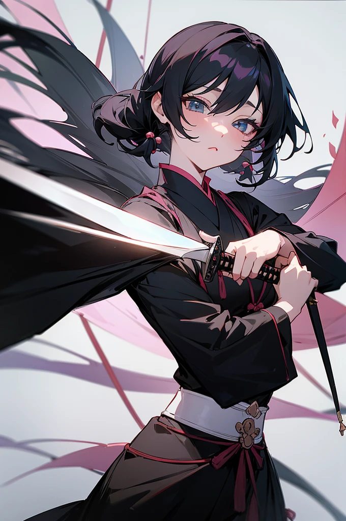 a drawing of a woman in a black outfit holding a sword, inspired by Kusumi Morikage, inspired by Kanō Hōgai, inspired by Kanō Sanraku, inspired by Kawabata Ryūshi, female samurai, in japanese anime style, anime style character
