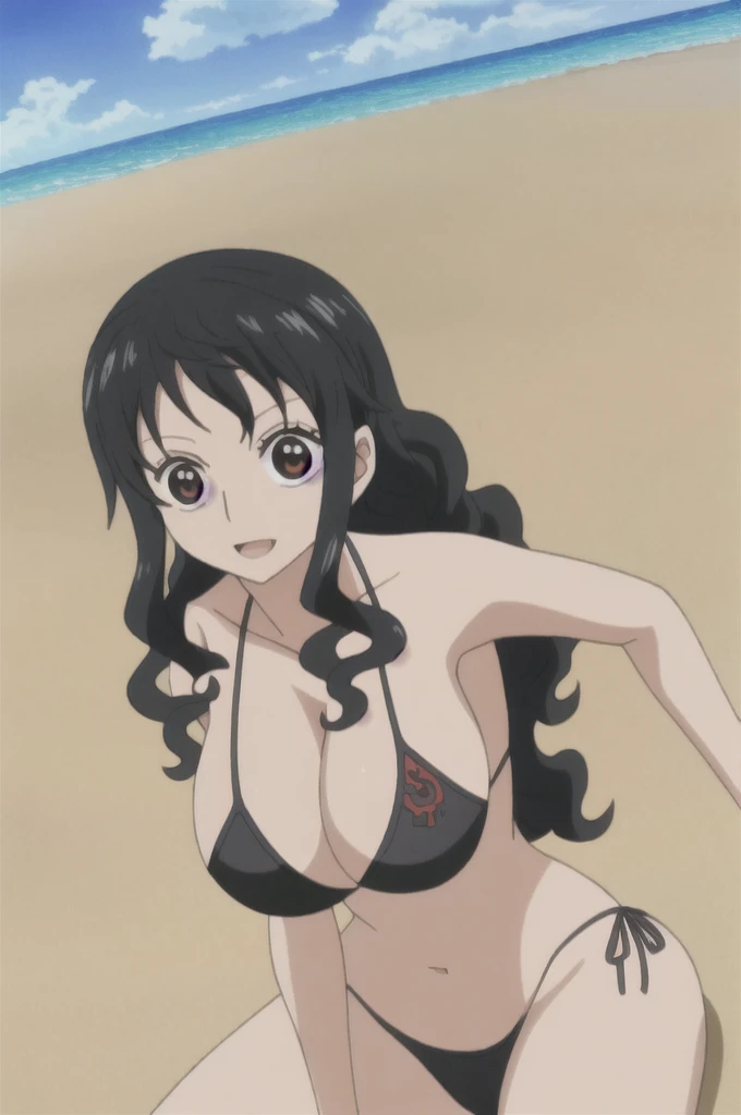 Mayza Hasaua, a girl with black hair and curly brown skin, black eyes wearing a black bikini on the beach, anime version oni piece