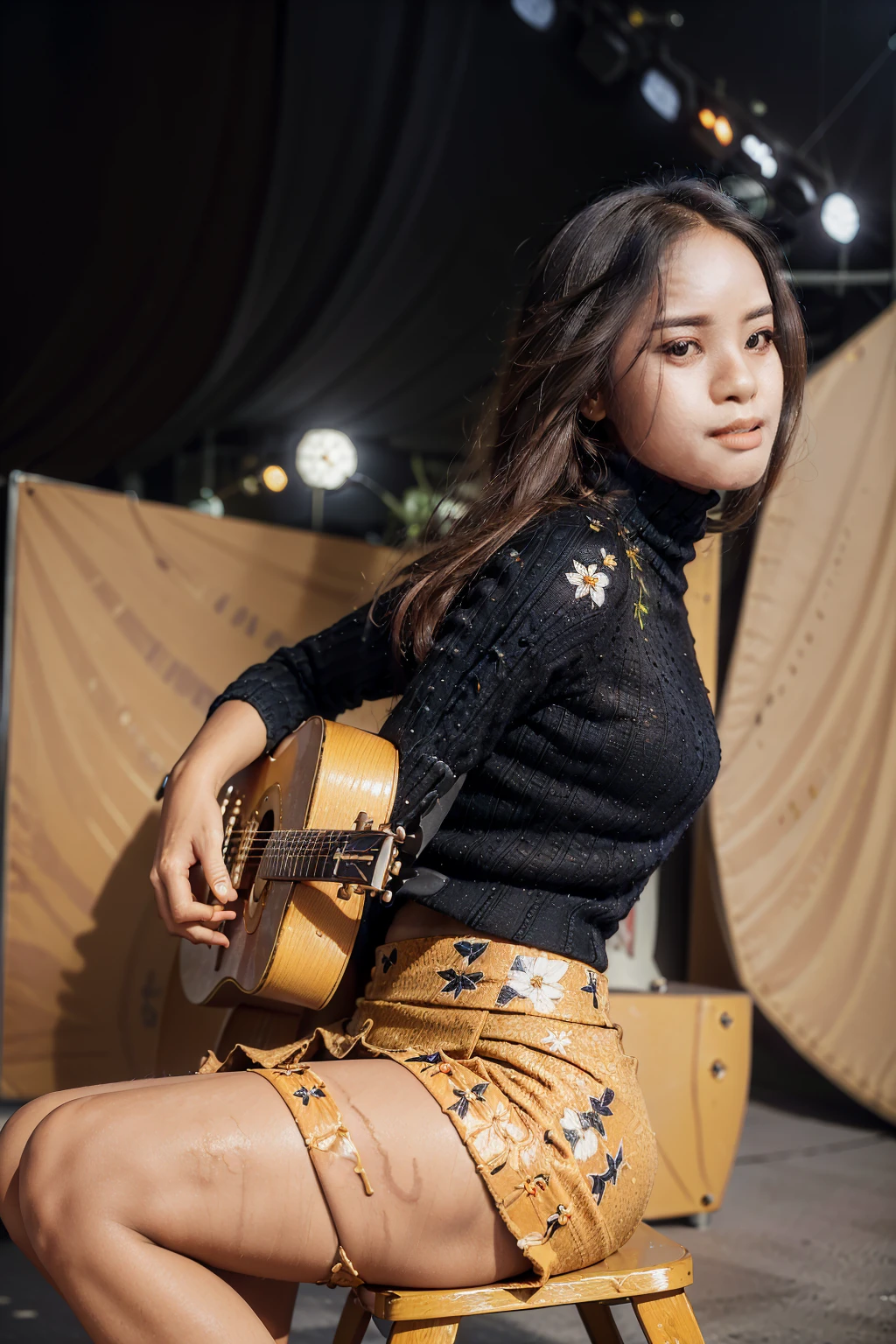masterpiece, best quality, ultra detailed, high resolution, 1 girl, ((pretty lady MoonLay)), Burmese girl, ((pretty lady MoonLay's seductive sweet face with sweet smile:1.2)), ((playing guitar:1.5)), ((singing with confident)), ((electric guitar)), ((stage background:1.5)), golden hour setting, 8k, (((black sweater turtleneck tight blouse))), ((middle thigh length black mini skintight skirt with white flower printed pattern:)), (stylishly sitting on stylish stage stool), (((crossing legs:1.1))), (stiletto high heel), ((full body tilted side view:1.5)), ((blur background with star shaped bokeh effect to highlight portrait better)), (vibrant HDR lighting), 