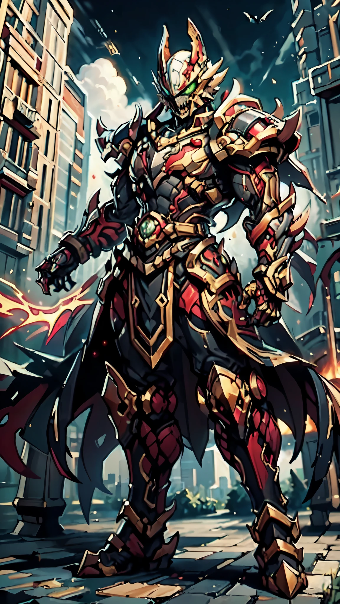 (masterpiece:1.5, best quality:1.5, extremely delicate:1.5, perspective:1.5, foreshortening:1.5, dynamic angle:1.5), a man wearing a full-face helmet, a fantasy-style biotech armored combat suit, green eyes, (a composite layered chest armor), fully enclosed shoulder guards, matching arm and leg guards, the belt is adorned with fangs biting into orbs, (the color scheme is primarily black with red accents), the design balances heavy with agility, a high-tech bio-mecha armor, (Armor Concept Inspired by Bat, stand on the top of a skyscraper in a futuristic sci-fi city), this character embodies a finely crafted fantasy-surreal style armored hero in anime style, exquisite and mature manga art style, (element, plasma, energy, the armor glows), ((male:1.5)), metallic, high definition, highres, ultra-detailed, ultra-fine painting, professional, perfect body proportions, golden ratio, anatomically correct, symmetrical face, extremely detailed eyes and face, high quality eyes, creativity, RAW photo, UHD, 32k, Natural light, cinematic lighting, masterpiece-anatomy-perfect
