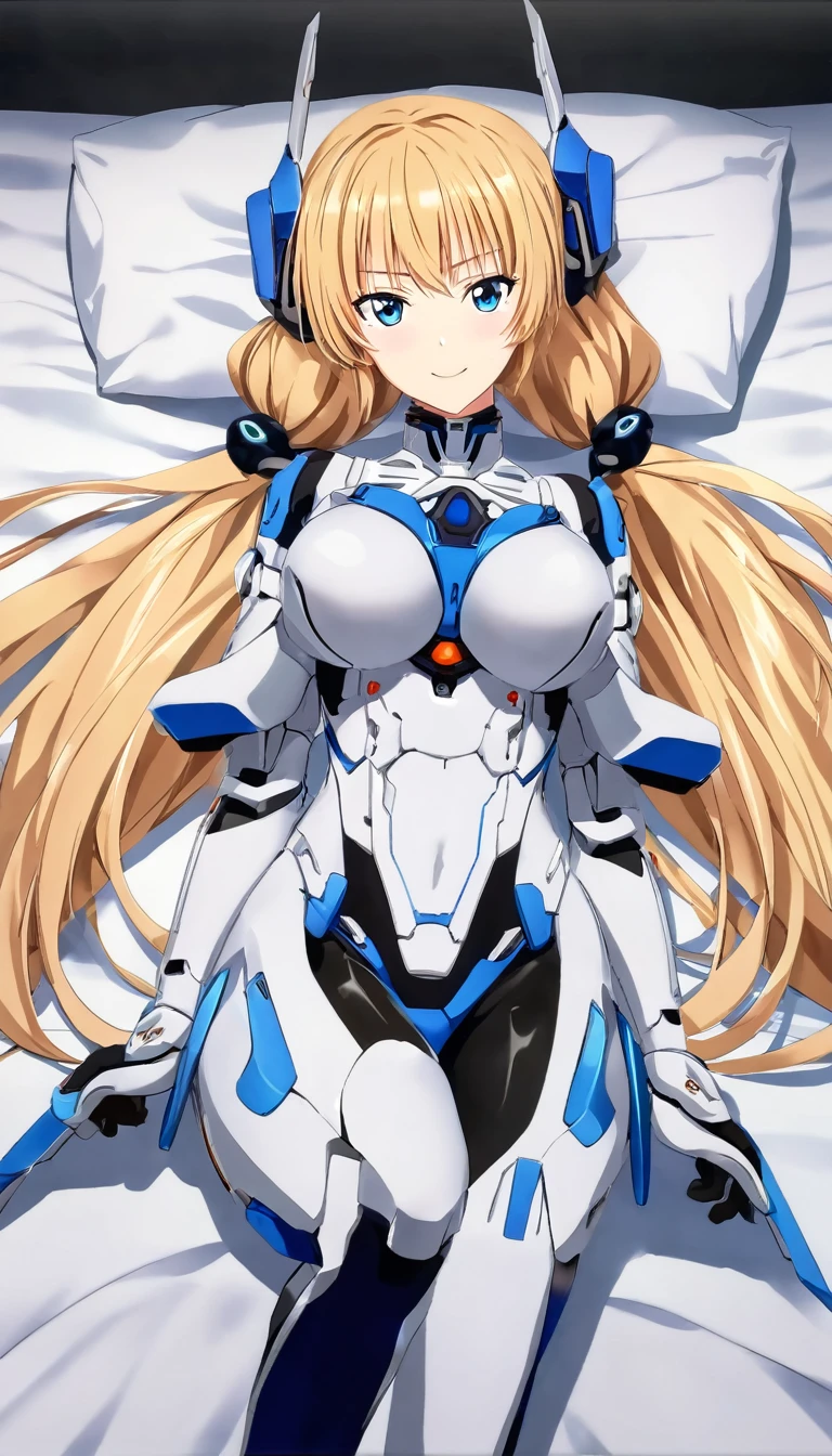 score_9, score_8_up, score_7_up, source_anime, absurdres, bedroom, 1girl, solo, angelabalzac, blonde hair, blue eyes, deva battle suit, elbow gloves, headgear, long hair, low twintails, twintails, very long hair, smile, looking at viewer, straight-on, portrait, masterpiece, best quality, very aesthetic, lying back, on bed, anime screencap, highly detailed, lighting, 8k, masterpiece, 