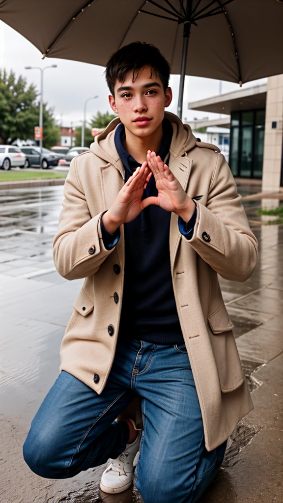 A boy age 30 with normal height and fit kneeling down and praising god by raising hands in coat and pants on a rainy day