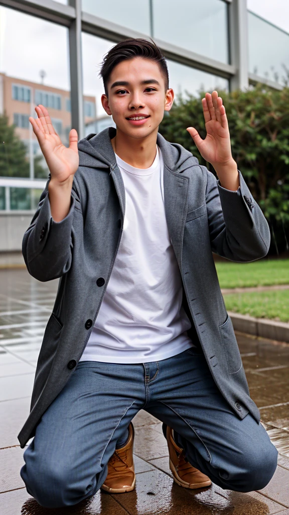 A boy age 30 with normal height and fit kneeling down and praising god by raising hands in coat and pants on a rainy day