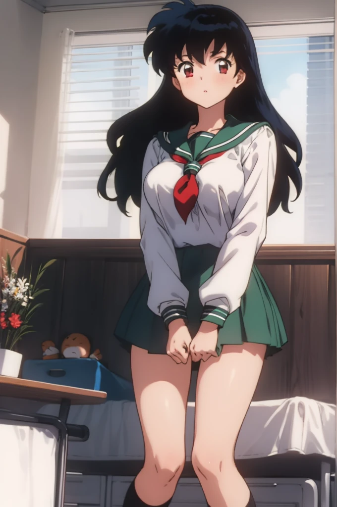 kagome, 1girl,  school_uniform, skirt,(white panties),looking viewer,open legs,spread legs,my room,big breasts