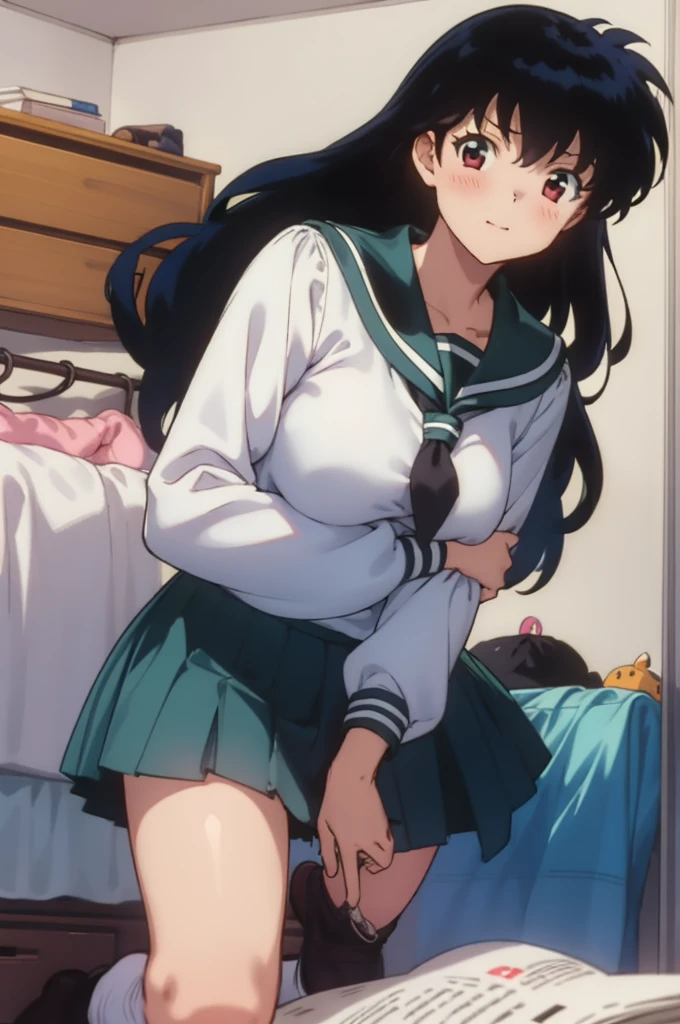 kagome, 1girl, school_uniform, skirt,(white panties),looking viewer,open legs,spread legs,my room,big breasts