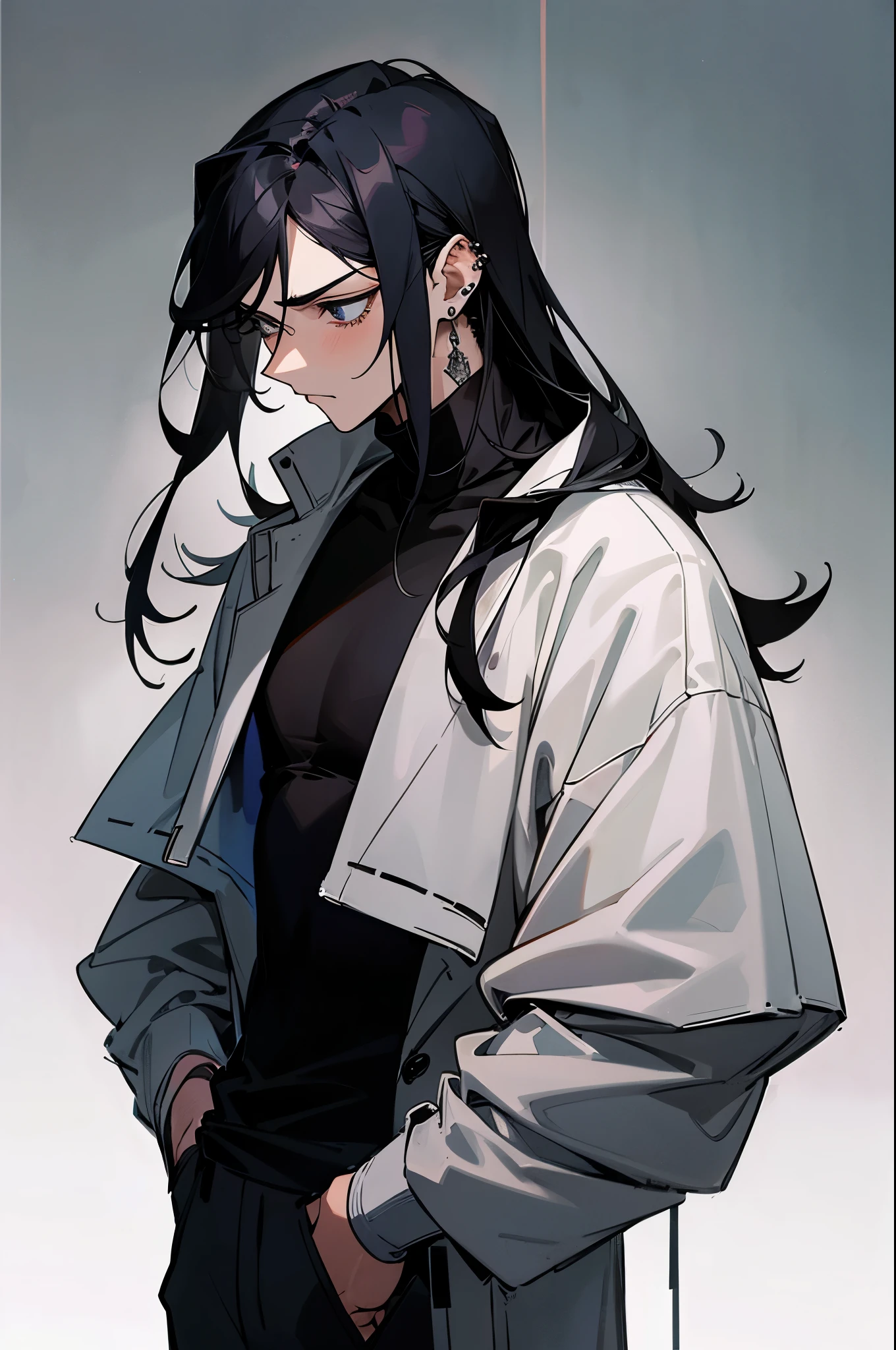 an 18-year-old boy, with medium long black hair, with a sad expression, wearing a turtleneck blouse, several piercings and earrings in his ear