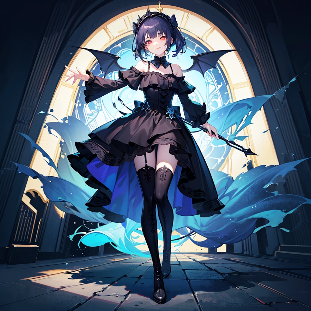 [(church background:1.4)::5],Original,(Illustration:1.1),(Best Quality),(masutepiece:1.1),(the Extremely Detailed CG Unity 8K Wallpapers:1.1), (Colorful:0.9),(mid-shot:0.95),(Full body:1.5),Dynamic Angle,(Solo:1.2), (girl),((Adult)), (Detailed beautiful eyes:1.15), (Beautiful face:1.15), (Glowing red eyes:1.25////),((dark blue long hair)),(Blunt bangs),(low twintails),(+perfect hand+:1.21),(Draw an illustration of a gothic girl),(Religious),(slender),(she has boots on her feet),((Wearing a black dress)),(Furious), Lace Off Shoulder Lolita Fashion,Beautiful slender woman,((Evil smile)),Dark blue short hair,Dark blue short hair,Laugh,