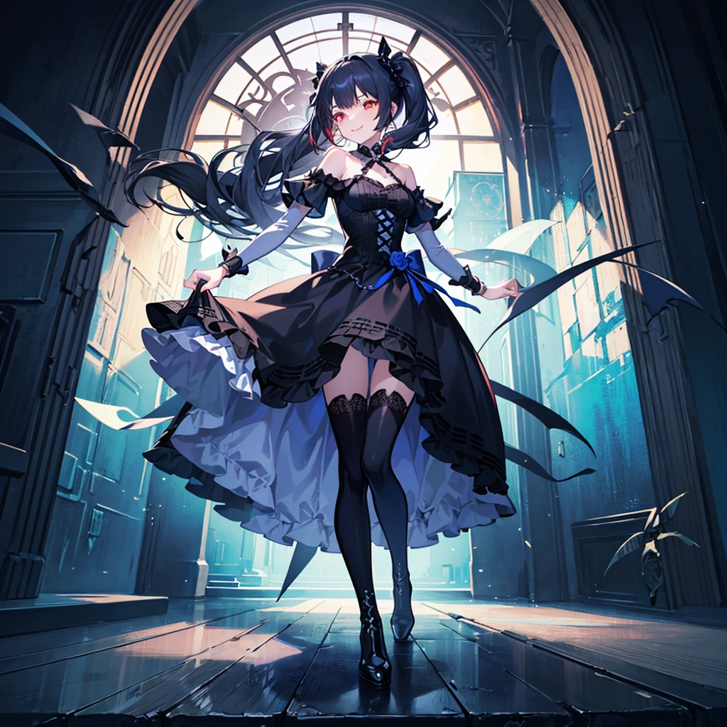 [(church background:1.4)::5],Original,(Illustration:1.1),(Best Quality),(masutepiece:1.1),(the Extremely Detailed CG Unity 8K Wallpapers:1.1), (Colorful:0.9),(mid-shot:0.95),(Full body:1.5),Dynamic Angle,(Solo:1.2), (girl),((Adult)), (Detailed beautiful eyes:1.15), (Beautiful face:1.15), (Glowing red eyes:1.25////),((dark blue long hair)),(Blunt bangs),(low twintails),(+perfect hand+:1.21),(Draw an illustration of a gothic girl),(Religious),(slender),(she has boots on her feet),((Wearing a black dress)),(Furious), Lace Off Shoulder Lolita Fashion,Beautiful slender woman,((Evil smile)),Dark blue short hair,Dark blue short hair,Laugh,