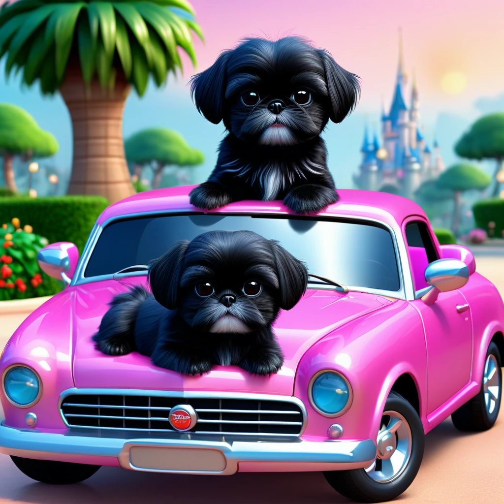 2 Adorable small black Shih Tzu puppies wearing bright sunglasses washing car Disney background 3d cartoon 3d render disney pixar style