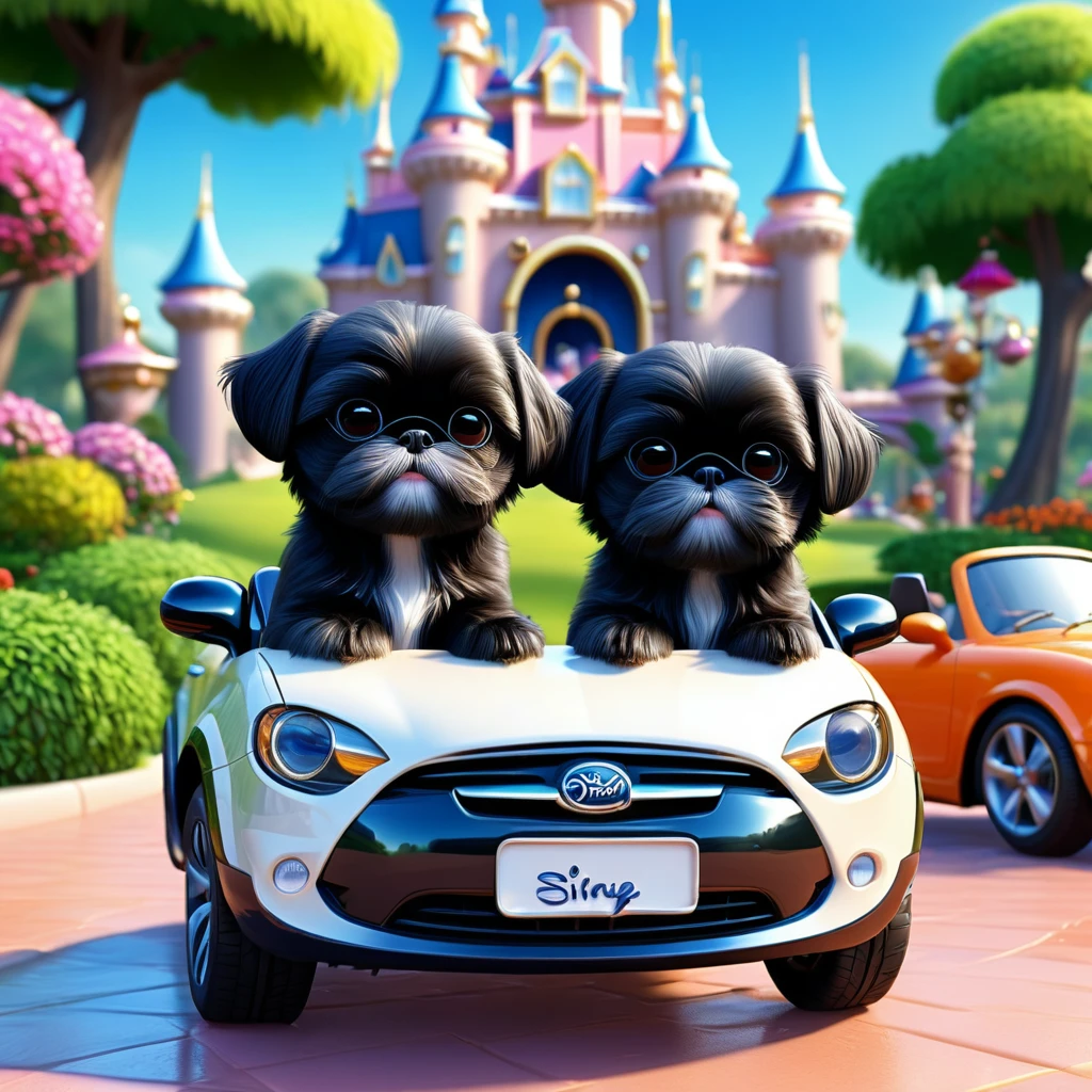 2 Adorable small black Shih Tzu puppies wearing bright sunglasses washing car Disney background 3d cartoon 3d render disney pixar style