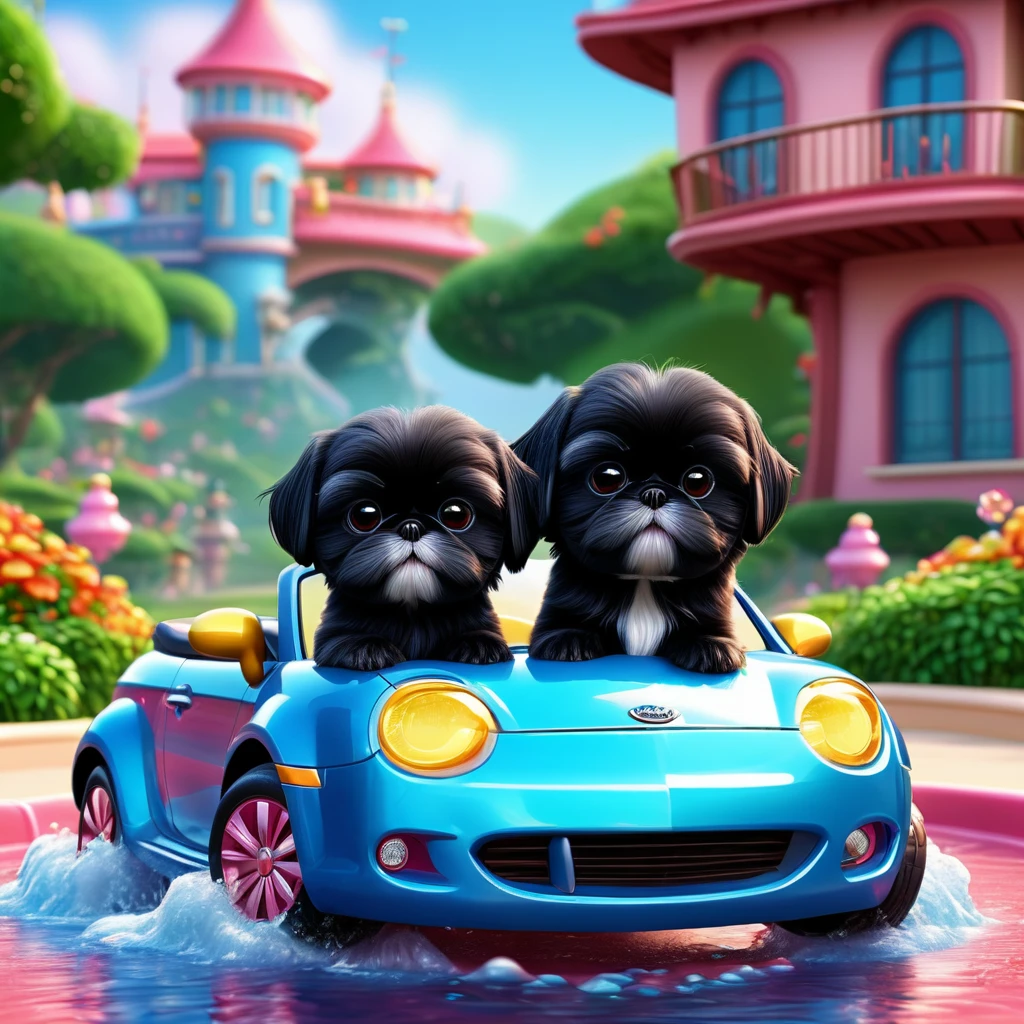 2 Adorable small black Shih Tzu puppies wearing bright sunglasses washing car Disney background 3d cartoon 3d render disney pixar style